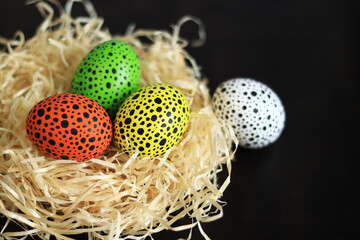 Happy easter. Easter eggs in a nest on a black background. Eggs painted in different colors with black dots