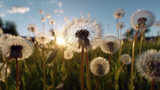 Fototapeta Dmuchawce - bottom view Beautiful dandelion closeup with seeds blowing away in the wind. blue sky Generated AI
