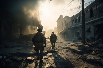 Wall Mural - Soldiers amidst city ruins, Generative AI