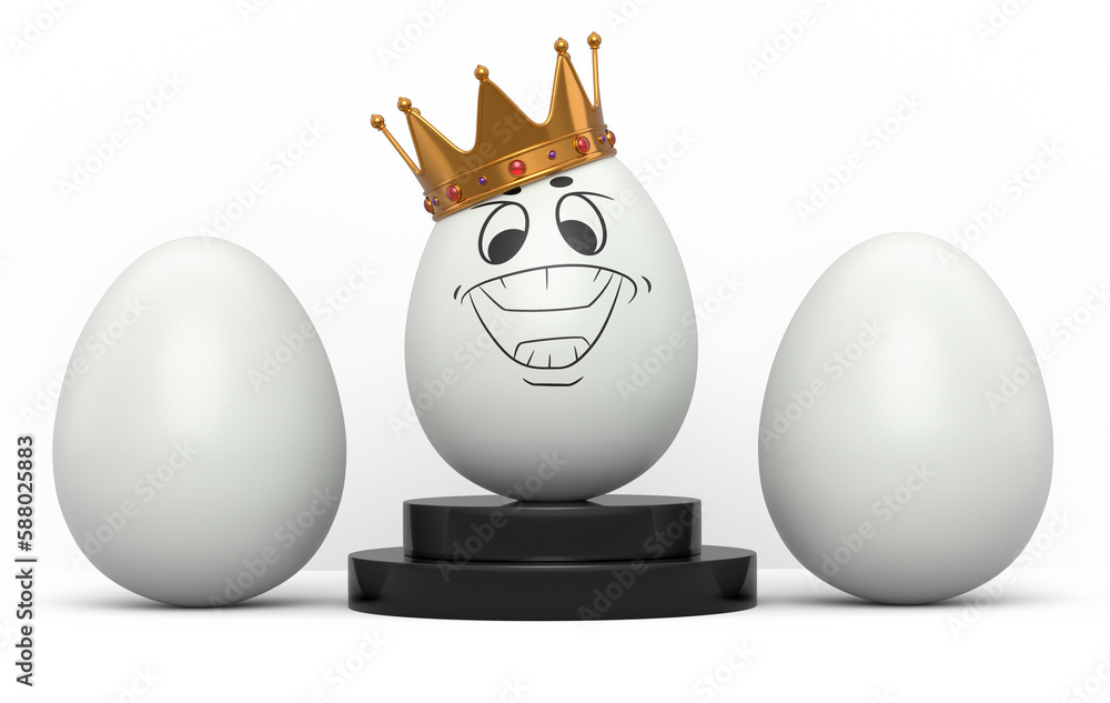 Group of farm white chicken eggs and unique egg with funny face and ...