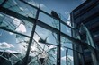 Broken Dreams: Accidental Fracture of Glass Pane Divides Modern Office Building against Blue Cloudy Sky, Generative AI
