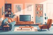 © AkuAku - cozy living room with modern furniture and a large flat screen TV. Generative AI