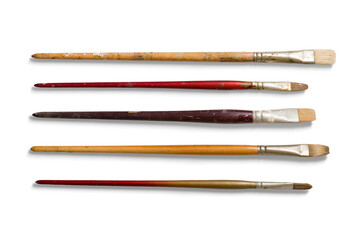 set of various size used paintbrushes isolated on a transparent background, png. high resolution.