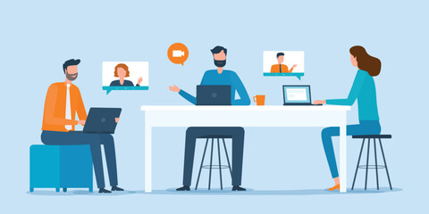 Poster - flat vector Business people team working meeting and online video conference for project planning concept.
