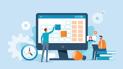 Poster - Flat vector illustration design Business planning concept and Business people team working with digital online calendar	concept
