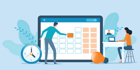 Leinwandbilder - Flat vector illustration design Business planning concept and Business people team working with digital online calendar	concept
