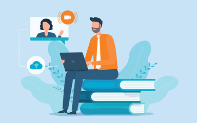 Aufkleber - vector businessman working with remote online technology connection. People use computers for education. and video training  online conferencing concept
