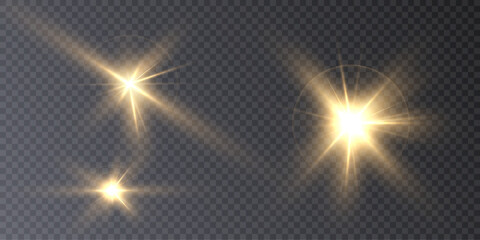 Aufkleber - Glowing light explodes, light flash golden color. Beam of the shining sun. Special glare light effect. Bright flash.	
