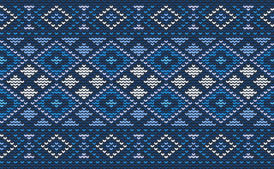 Wall Mural - Design knit pattern vector, Cross stitch ethnic geometric background, Embroidery abstract beautiful style, Blue pattern template motif, Design for textile, fabric, batik, tile, aprons