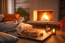 Modern Interior Design Of The Living Room With Fireplace. Super Photo Realistic Background, Generative Ai Illustration