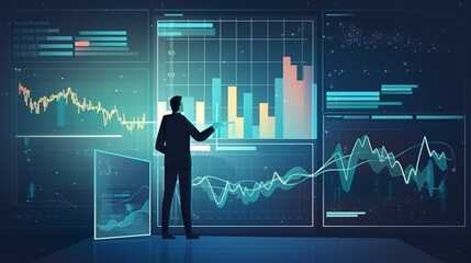 Wall Mural - businessman graph analysing stock market on investment financial planning management strategy, gener