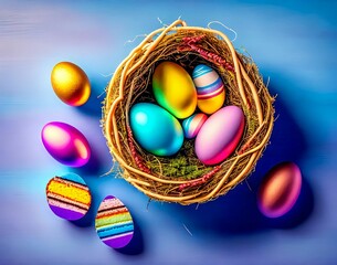 Wall Mural - colored easter eggs in a nest with a blue background. easter. top view