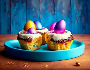 Wall Mural - three cupcakes with colorful eggs on a blue plate. easter