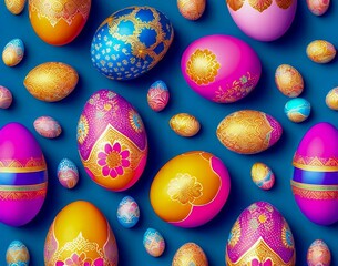 Wall Mural - colorful collection of easter eggs with the word easter on a blue background. seamless pattern. top 