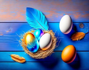 Wall Mural - easter eggs in a nest with a blue background. easter. top view
