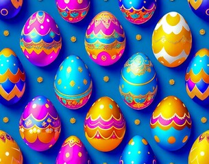 Wall Mural - colorful collection of easter eggs with the word easter on a blue background. seamless pattern. top 