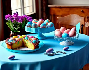 Wall Mural - table with a blue table cloth and a cake and a cake on it. design room. easter
