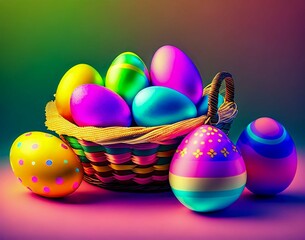 Wall Mural - basket of colorful easter eggs is on a table. easter