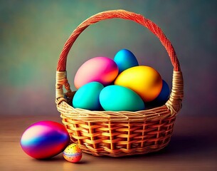 Wall Mural - basket of colorful easter eggs is on a table. easter