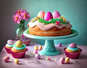 Wall Mural - cake with easter decorations on it and a cupcake on the table. easter