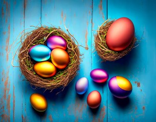 Wall Mural - easter eggs in a nest with a blue background. easter. top view