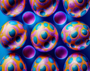 Wall Mural - colorful collection of easter eggs with the word easter on a blue background. seamless pattern. top 