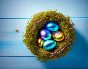Wall Mural - easter eggs in a nest with a blue background. easter. top view