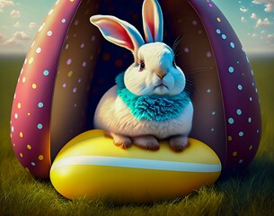 Wall Mural - a bunny in a house with a yellow egg. easter symbol