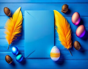 blue background with a blue box and a blue box with eggs and a yellow feather. top view