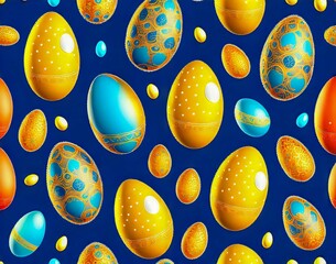 Wall Mural - colorful collection of easter eggs with the word easter on a blue background. seamless pattern. top 