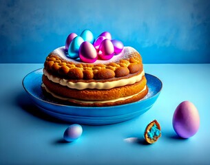Wall Mural - a cake with blue and pink eggs on a blue table