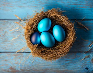 Wall Mural - easter eggs in a nest with a blue background. easter. top view