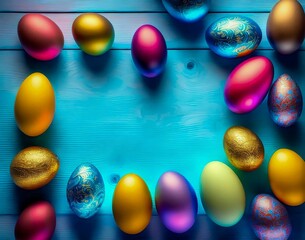 Wall Mural - colored easter eggs in a nest with a blue background. easter. top view. copy space