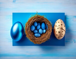 Wall Mural - colored easter eggs in a nest with a blue background. easter. top view