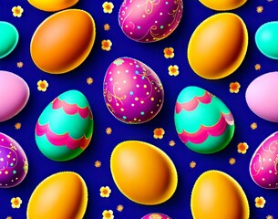 Wall Mural - colorful collection of easter eggs with the word easter. seamless pattern. top view