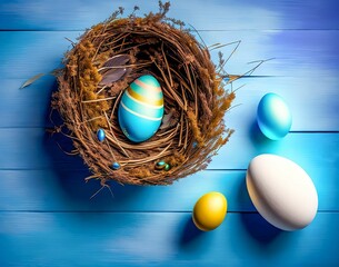 Wall Mural - colored easter eggs in a nest with a blue background. easter. top view