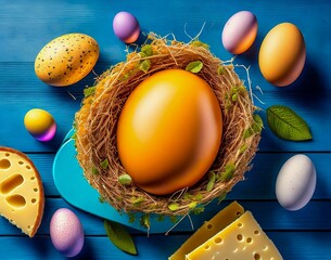 Wall Mural - blue wooden table with a yellow egg in a nest with cheese and leaves. top view