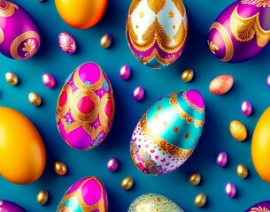 Wall Mural - colorful collection of easter eggs with the word easter. seamless pattern. top view