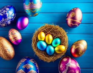 Wall Mural - colored easter eggs in a nest with a blue background. easter. top view