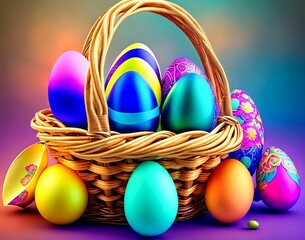 Wall Mural - basket of colorful easter eggs is on a table. easter
