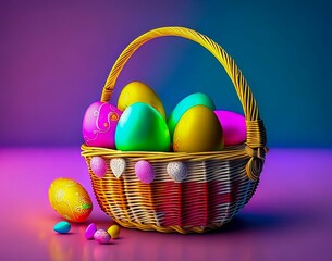 Wall Mural - basket of colorful easter eggs is on a table. easter