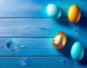 Wall Mural - colored easter eggs on a blue background. easter. top view