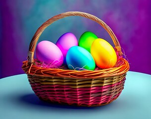 Wall Mural - basket of colorful easter eggs is on a table. easter