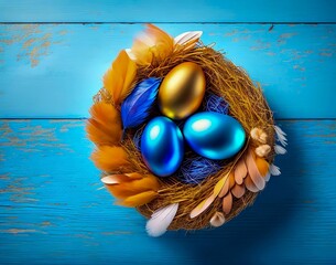 Wall Mural - colored easter eggs in a nest with a blue background. easter. top view