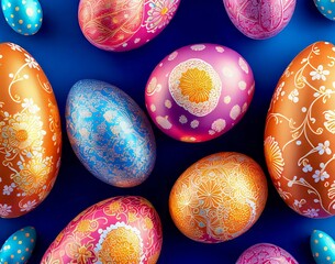 Wall Mural - colorful collection of easter eggs with the word easter. seamless pattern. top view