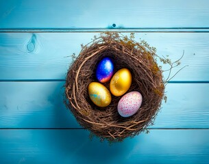 Wall Mural - colored easter eggs in a nest with a blue background. easter. top view