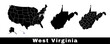 West Virginia state map, USA. Set of West Virginia maps with outline border, counties and US states map. Black and white color.