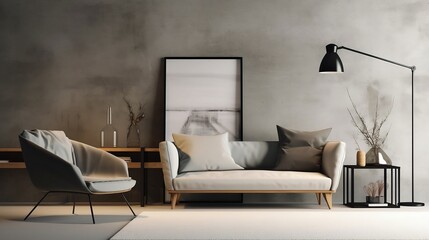 Minimal Nordic style livingroom space with modern concrete wall interior and big empty blank mockup frame on the wall inerior architect IA Generative