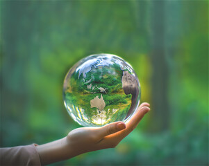 Human hand holding planet earth on green background. International Mother Earth Day concept. Generative Al content. Close-up