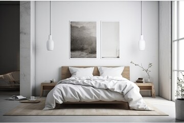 Poster - cozy bedroom with a king-sized bed and an art piece hanging on the wall. Generative AI